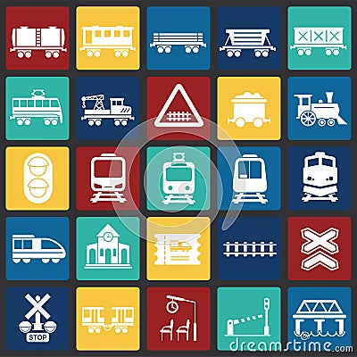 Railroad related icons set on color squares background for graphic and web design. Simple vector sign. Internet concept Vector Illustration