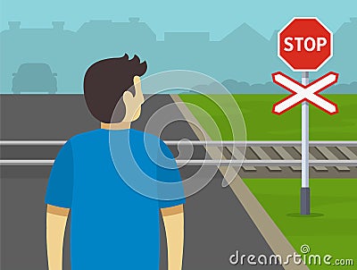 Railroad safety tips and rules. Close-up of male character looking both ways to cross the railways. Vector Illustration