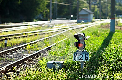 Railroad semaphore with diagonal railway background Stock Photo