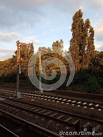 Railroad semaphore in the twilight of day Stock Photo