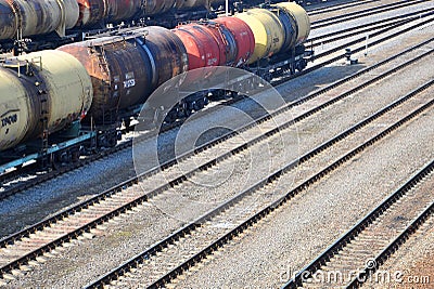 Railroad track with old wagons Editorial Stock Photo