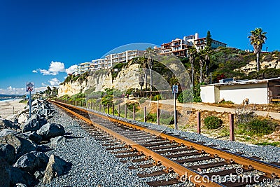 Railroad tracks along the beach in San Clemente, California. Stock Photo