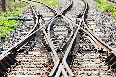 Railroad tracks as a symbol of life's choices. Point of bifurcation Stock Photo