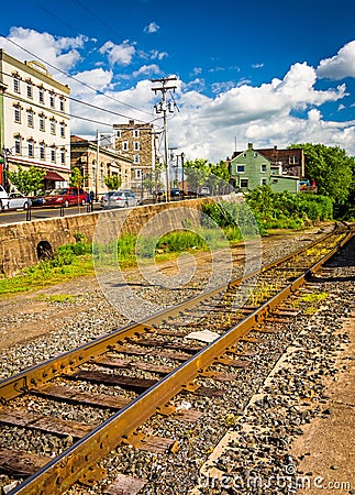 Railroad tracks and buildings on Main Street in Phillipsburg, Ne Stock Photo