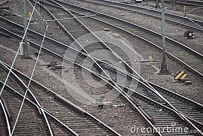 Railroad Tracks Junction with Switch and Crossing Lines Stock Photo