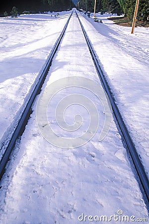 Railroad tracks in the snow in Mount Shasta, California Stock Photo