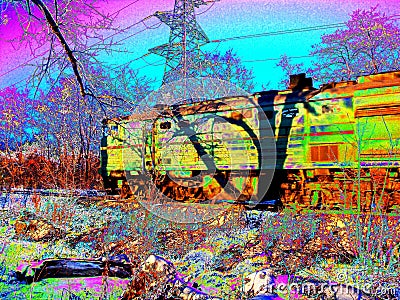 Railroad travel passenger train with motion neon effect Stock Photo