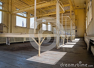 Railroad troop transport car, interior Stock Photo