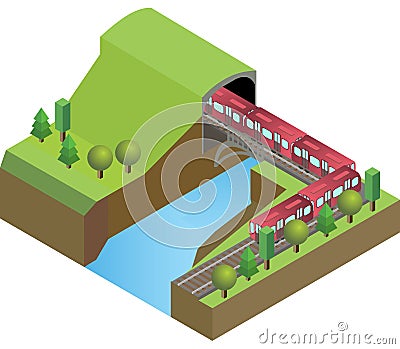 Railroad tunnel with train, bridge above the river, on nature background Vector Illustration