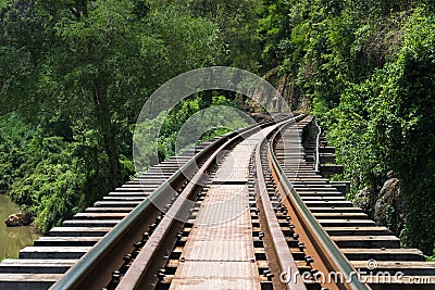 Railroad wood history world war II in river kwai at evening suns Stock Photo