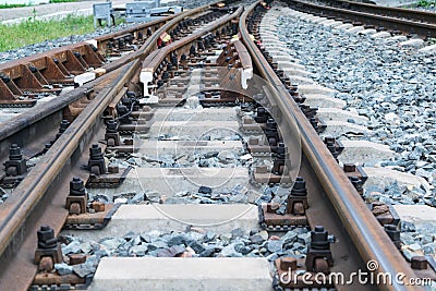 Rails and concrete sleepers. Fork railway. Rail shooter. Stock Photo