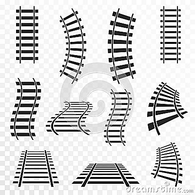 Rails set on transparent background. Straight and curved railroad tracks icon Vector Illustration