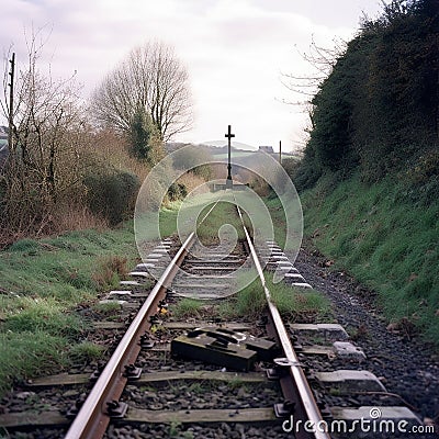 Rails and sleepers, the railway leads to a grave mound with a cross. Life finiteness concept Cartoon Illustration