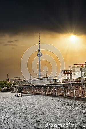 Railway arcades at the river Spree in the center of Berlin. Editorial Stock Photo