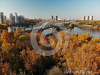 railway bridge across river in Khimki city, Russia Stock Photo