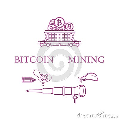 Railway car, bitcoin, dynamite, jackhammer, helmet Vector Illustration