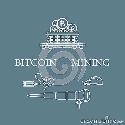 Railway car, bitcoin, dynamite, jackhammer, helmet Vector Illustration