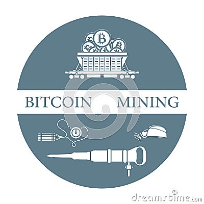 Railway car, bitcoin, dynamite, jackhammer, helmet Vector Illustration