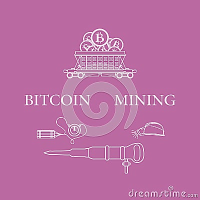 Railway car, bitcoin, dynamite, jackhammer, helmet Vector Illustration