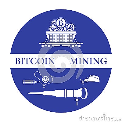 Railway car, bitcoin, dynamite, jackhammer, helmet Vector Illustration