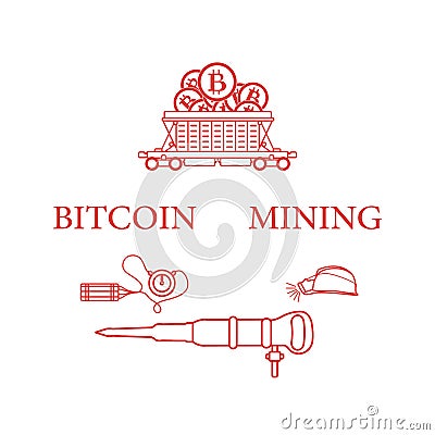 Railway car, bitcoin, dynamite, jackhammer, helmet Vector Illustration