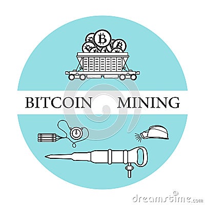 Railway car, bitcoin, dynamite, jackhammer, helmet Vector Illustration