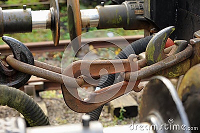 Railway car coupling. Stock Photo