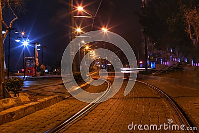 Railway citylights street night Stock Photo