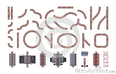 Railway constructor. Train crossing railway tracks and road intersection, metro subway line and crossroad, tram wagon Vector Illustration