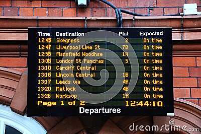 Railway departure board, Nottingham. Editorial Stock Photo