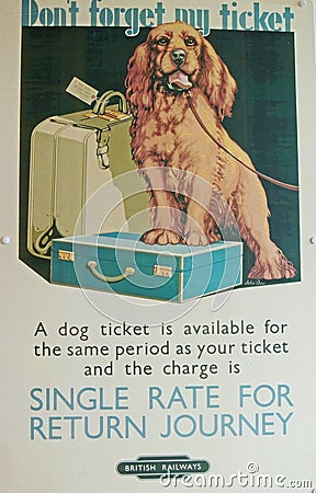 Old fashioned Railway Advertising Poster for Dog tickets Editorial Stock Photo