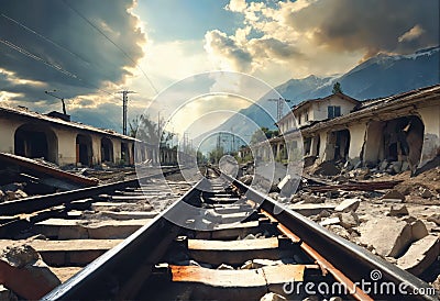 Railway destroyed by powerful earthquake Stock Photo