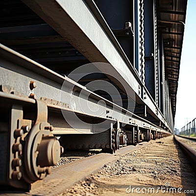 Railway freight wagon stands on a siding. The underside of the car with a close-up of the wheelset. Freight wagon. Iron wheel. Stock Photo