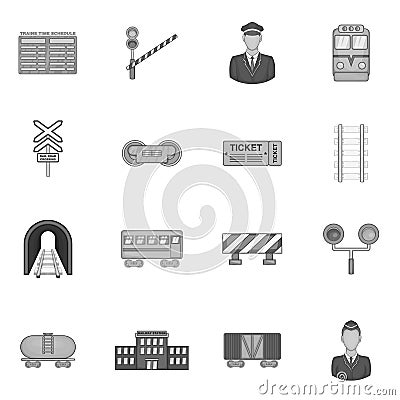 Railway icons set, black monochrome style Cartoon Illustration