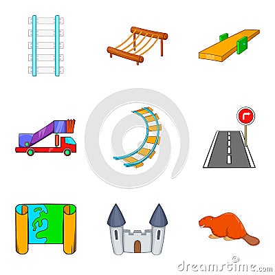 Railway icons set, cartoon style Vector Illustration