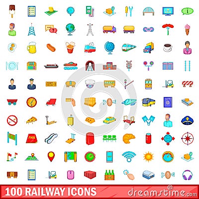 100 railway icons set, cartoon style Vector Illustration