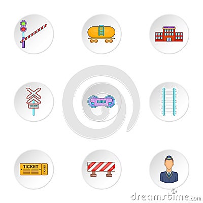 Railway icons set, cartoon style Vector Illustration