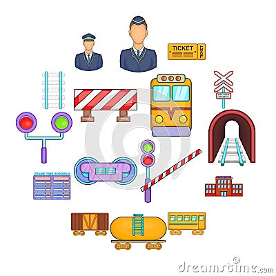 Railway icons set, cartoon style Vector Illustration