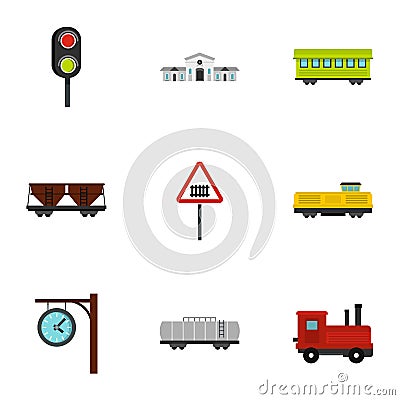 Railway icons set, flat style Vector Illustration