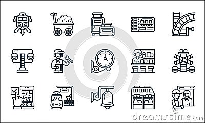 railway line icons. linear set. quality vector line set such as scanning, bell, check in, railways, train station, traffic lights Vector Illustration