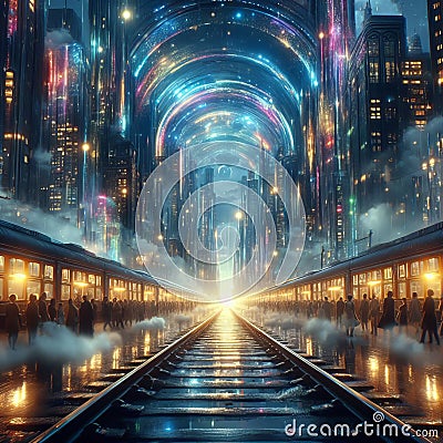 A railway line that runs through a city of light and sound, wi Stock Photo