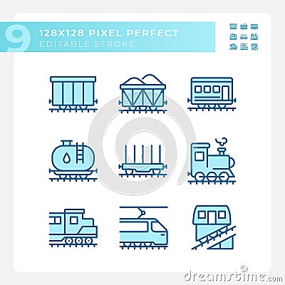 Railway logistics pixel perfect blue RGB color icons set Vector Illustration