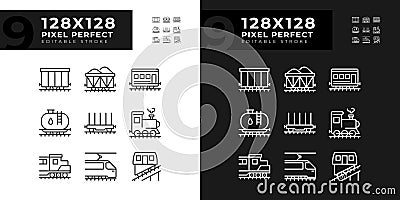 Railway logistics pixel perfect linear icons set for dark, light mode Vector Illustration