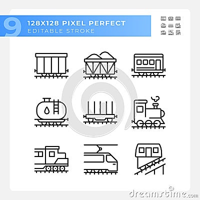Railway logistics pixel perfect linear icons set Vector Illustration