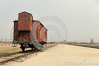 Railway platform with a carriage, coach on Oswiecim Editorial Stock Photo