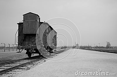 Railway platform with a carriage, coach on Oswiecim concentration camp. Editorial Stock Photo