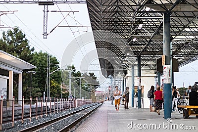 Railway and platform of the Larissa Train Station. Editorial Stock Photo