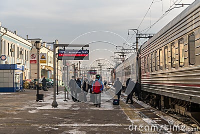 The railway platform in Ulan-Ude, Republic of Buryatia, Russia. Editorial Stock Photo