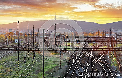 Railway, railroad lines at sunset Stock Photo