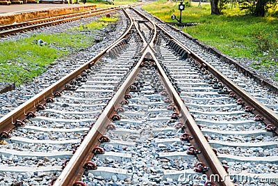 Railway railroad tracks for train public transport Stock Photo